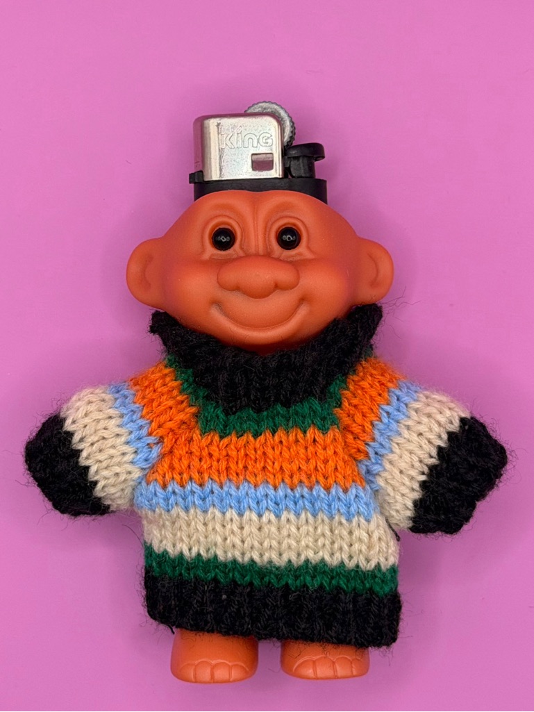 Vintage Troll Lighter Cover With Striped Knit Sweater Lighter Not Included